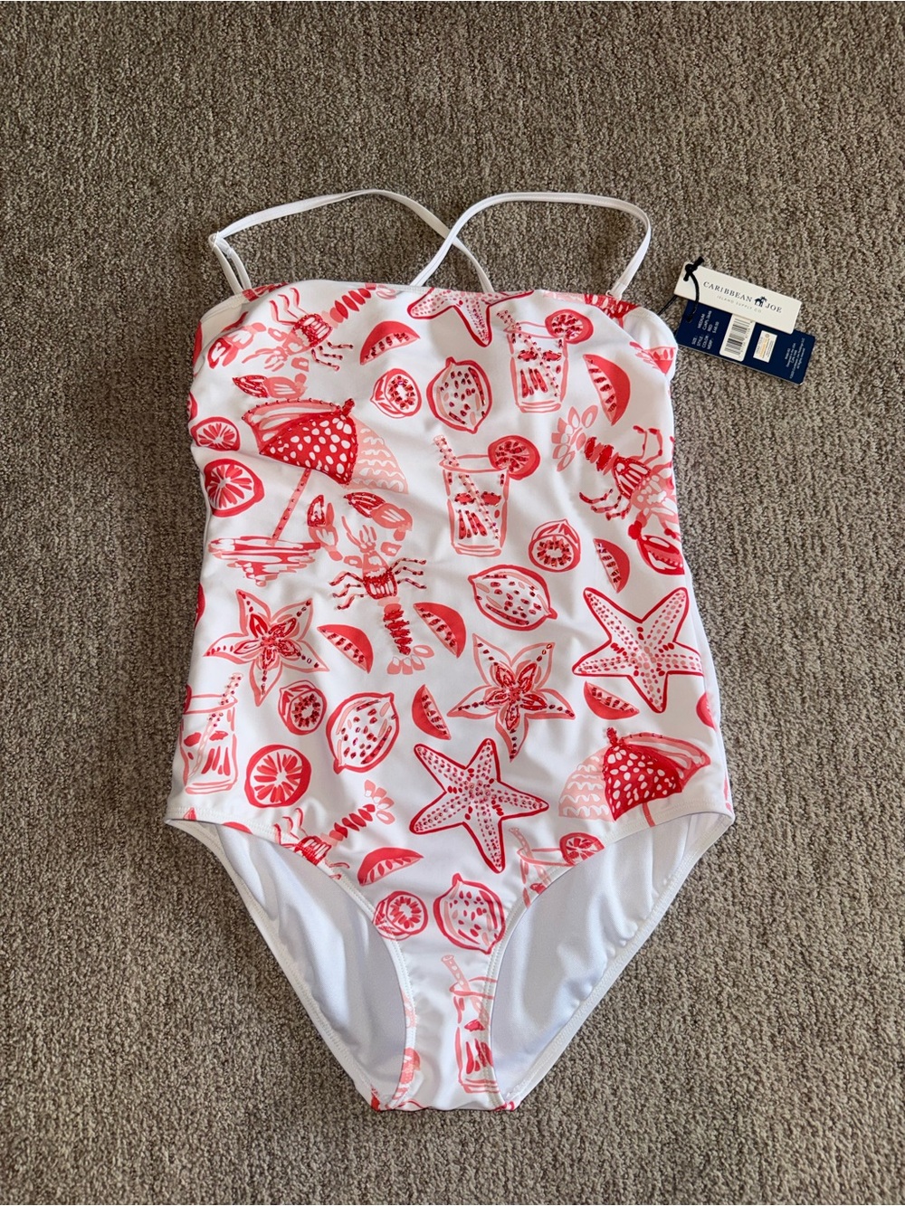 Caribbean Joe White & Coral Tropical Motif One-Piece Swimsuit